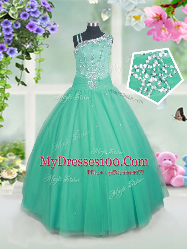 Glittering Aqua Blue Sleeveless Beading Floor Length Flower Girl Dresses