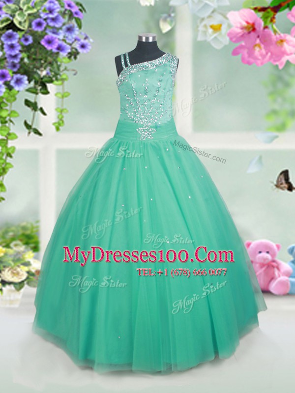 Glittering Aqua Blue Sleeveless Beading Floor Length Flower Girl Dresses