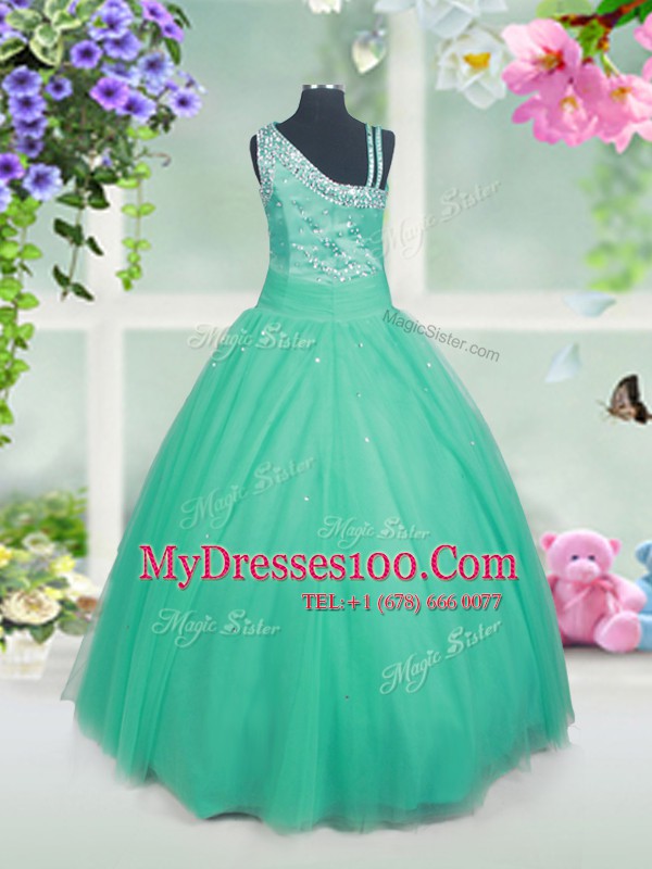 Glittering Aqua Blue Sleeveless Beading Floor Length Flower Girl Dresses