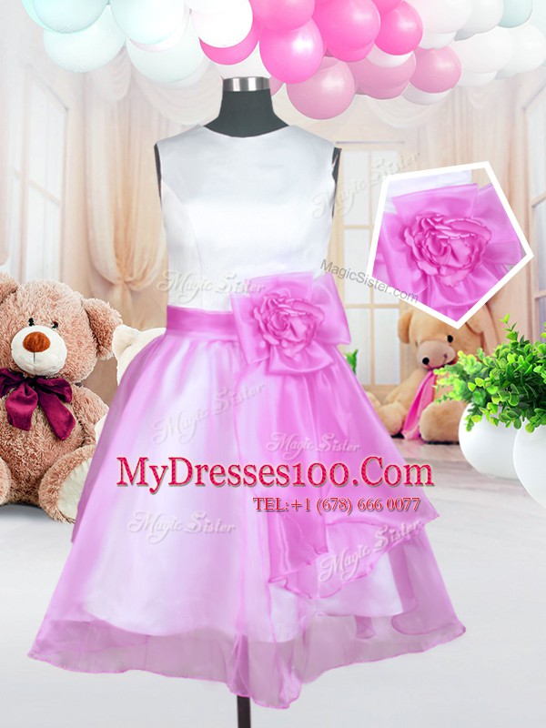 Rose Pink Scoop Neckline Sashes ribbons and Hand Made Flower Flower Girl Dress Sleeveless Zipper