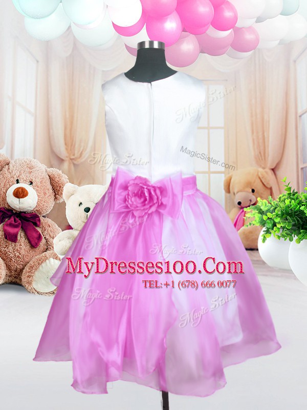 Rose Pink Scoop Neckline Sashes ribbons and Hand Made Flower Flower Girl Dress Sleeveless Zipper