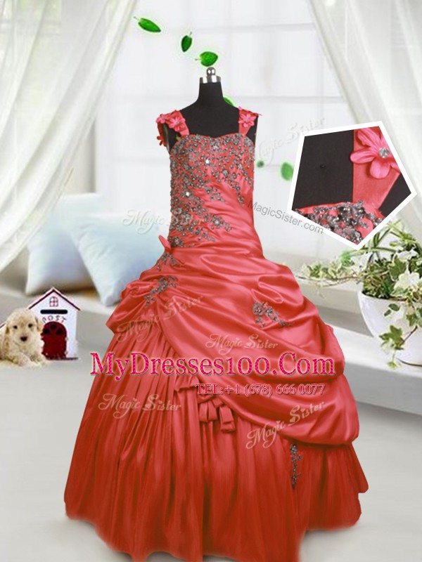 Custom Fit Pick Ups Straps Sleeveless Lace Up Flower Girl Dresses Watermelon Red Satin