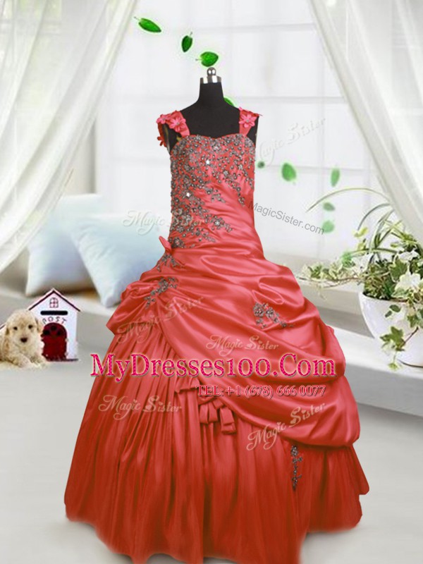 Custom Fit Pick Ups Straps Sleeveless Lace Up Flower Girl Dresses Watermelon Red Satin