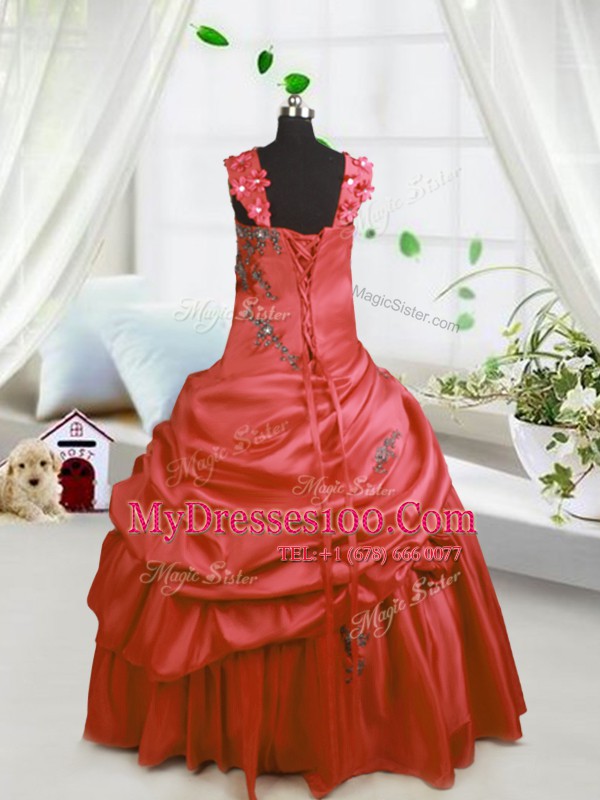 Custom Fit Pick Ups Straps Sleeveless Lace Up Flower Girl Dresses Watermelon Red Satin