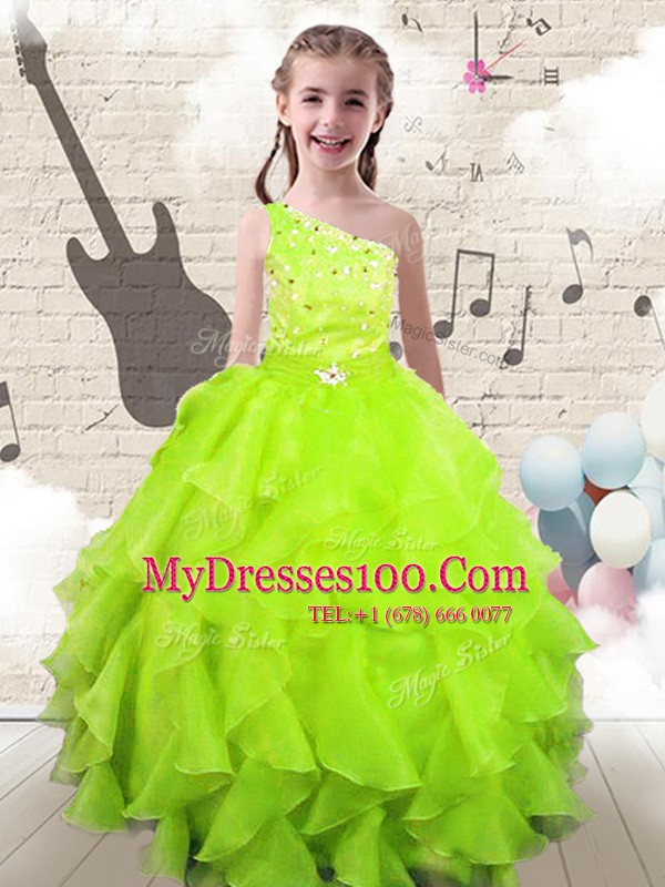 One Shoulder Sleeveless Organza Floor Length Lace Up Kids Pageant Dress in Yellow Green with Beading and Ruffles