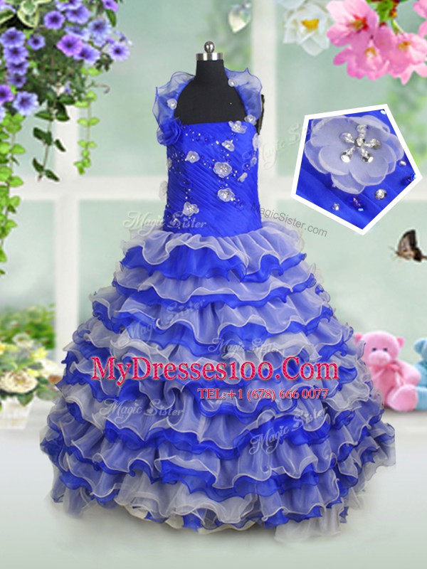High End Royal Blue Ball Gowns Beading and Appliques and Ruffled Layers Girls Pageant Dresses Lace Up Organza Sleeveless Floor Length