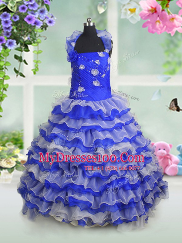High End Royal Blue Ball Gowns Beading and Appliques and Ruffled Layers Girls Pageant Dresses Lace Up Organza Sleeveless Floor Length