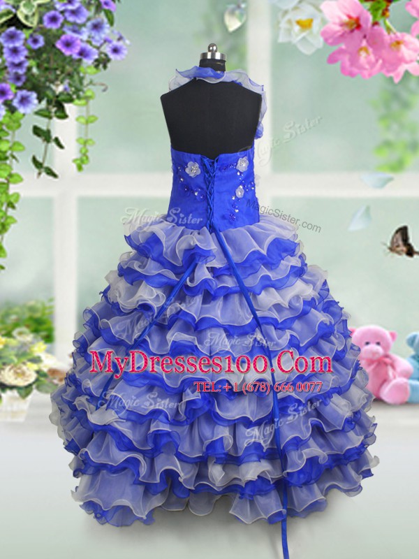 High End Royal Blue Ball Gowns Beading and Appliques and Ruffled Layers Girls Pageant Dresses Lace Up Organza Sleeveless Floor Length