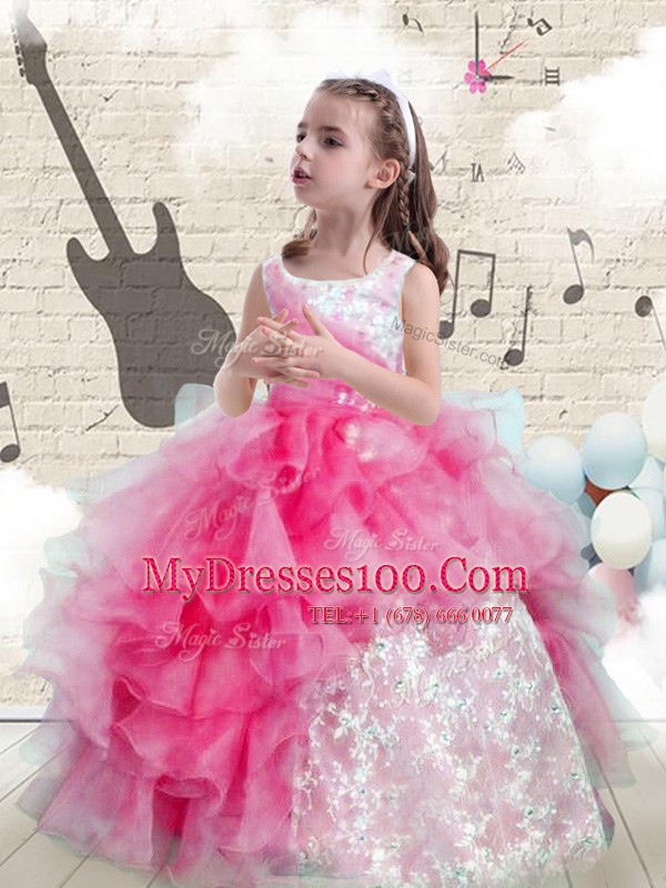 Flirting Scoop Sleeveless Organza Floor Length Lace Up Girls Pageant Dresses in Hot Pink with Beading and Ruffles