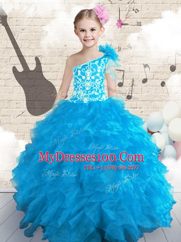 Lovely One Shoulder Sleeveless Lace Up Floor Length Embroidery and Ruffles and Hand Made Flower Toddler Flower Girl Dress