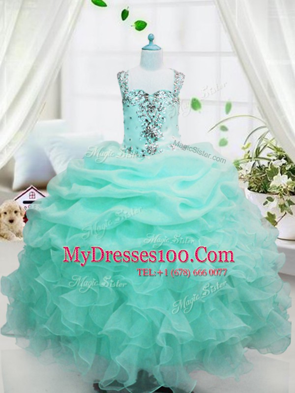 Pick Ups Floor Length Baby Blue Child Pageant Dress Straps Sleeveless Lace Up