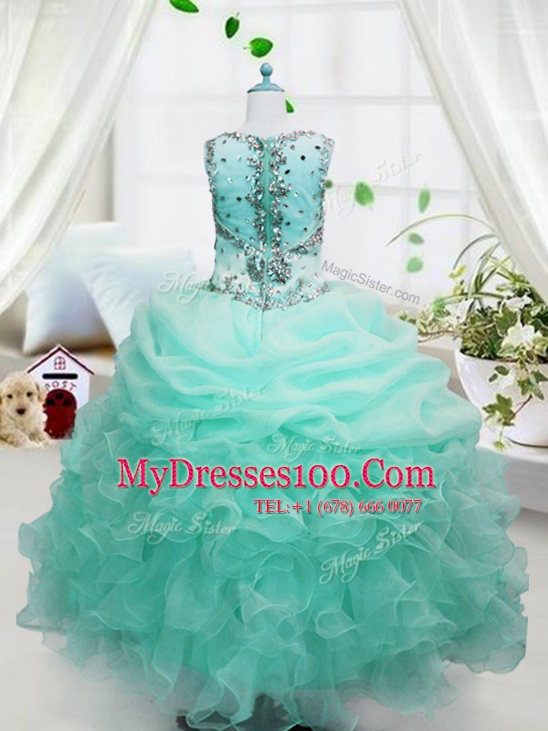 Pick Ups Floor Length Baby Blue Child Pageant Dress Straps Sleeveless Lace Up
