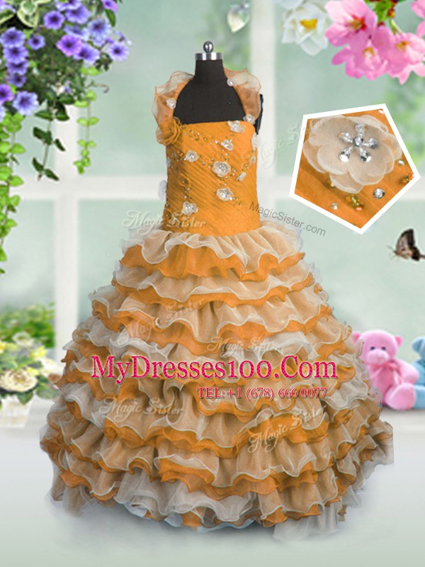 Flirting Orange Organza Lace Up Kids Formal Wear Sleeveless Floor Length Beading and Appliques and Ruffled Layers