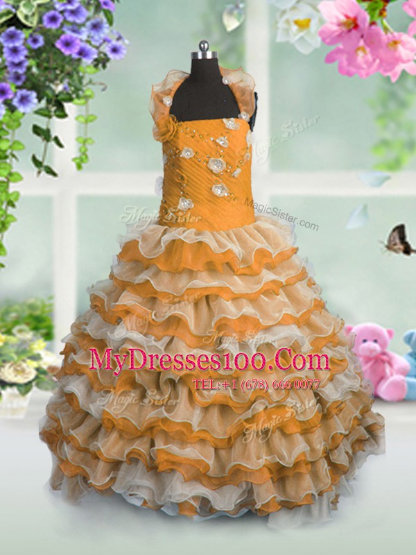Flirting Orange Organza Lace Up Kids Formal Wear Sleeveless Floor Length Beading and Appliques and Ruffled Layers