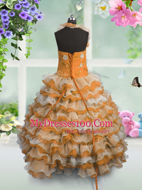 Flirting Orange Organza Lace Up Kids Formal Wear Sleeveless Floor Length Beading and Appliques and Ruffled Layers