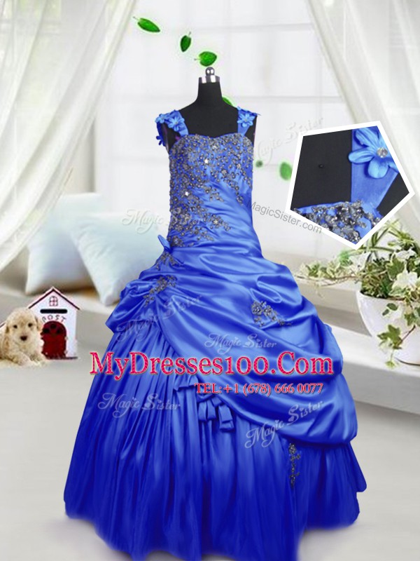 Traditional Royal Blue Ball Gowns Beading and Pick Ups Little Girls Pageant Gowns Lace Up Satin Sleeveless Floor Length