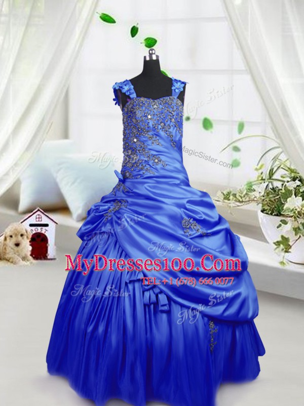 Traditional Royal Blue Ball Gowns Beading and Pick Ups Little Girls Pageant Gowns Lace Up Satin Sleeveless Floor Length
