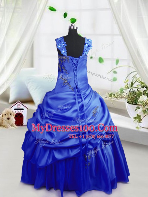 Traditional Royal Blue Ball Gowns Beading and Pick Ups Little Girls Pageant Gowns Lace Up Satin Sleeveless Floor Length