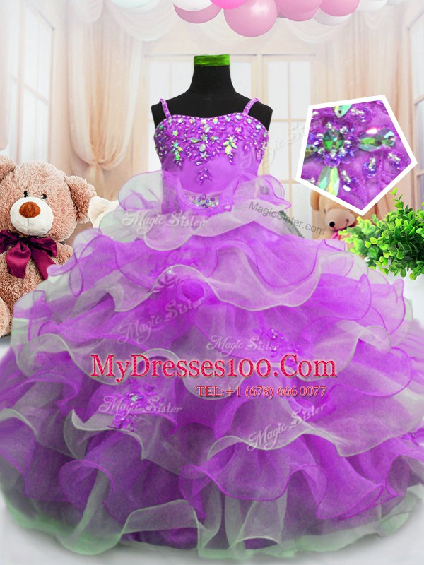 Sleeveless Floor Length Beading and Ruffled Layers Zipper Flower Girl Dress with Purple