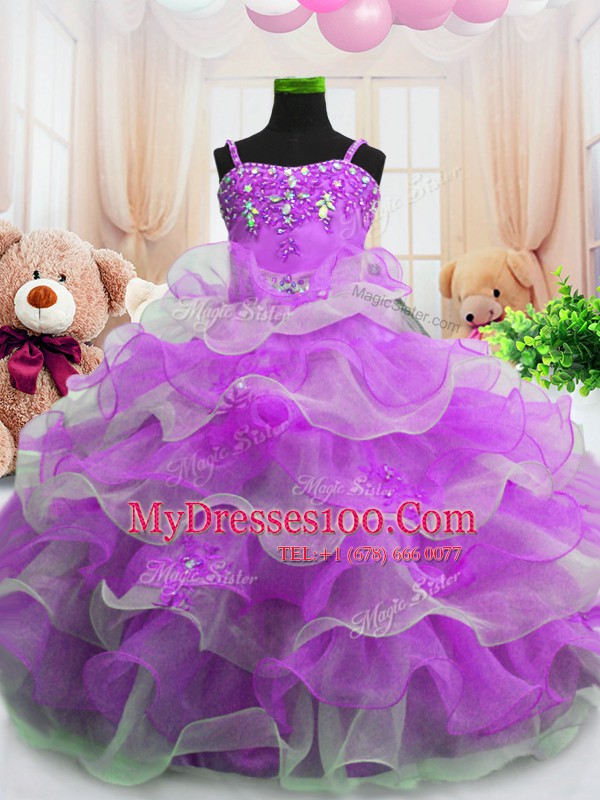 Sleeveless Floor Length Beading and Ruffled Layers Zipper Flower Girl Dress with Purple