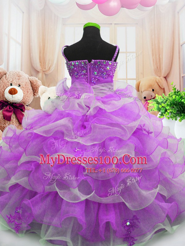 Sleeveless Floor Length Beading and Ruffled Layers Zipper Flower Girl Dress with Purple
