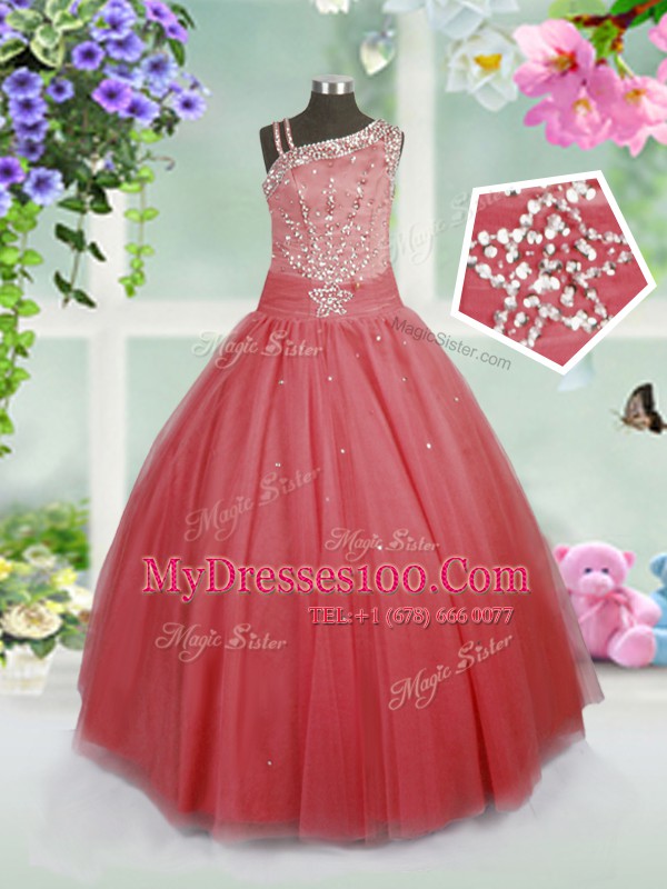 Tulle Asymmetric Sleeveless Side Zipper Beading Flower Girl Dresses for Less in Watermelon Red