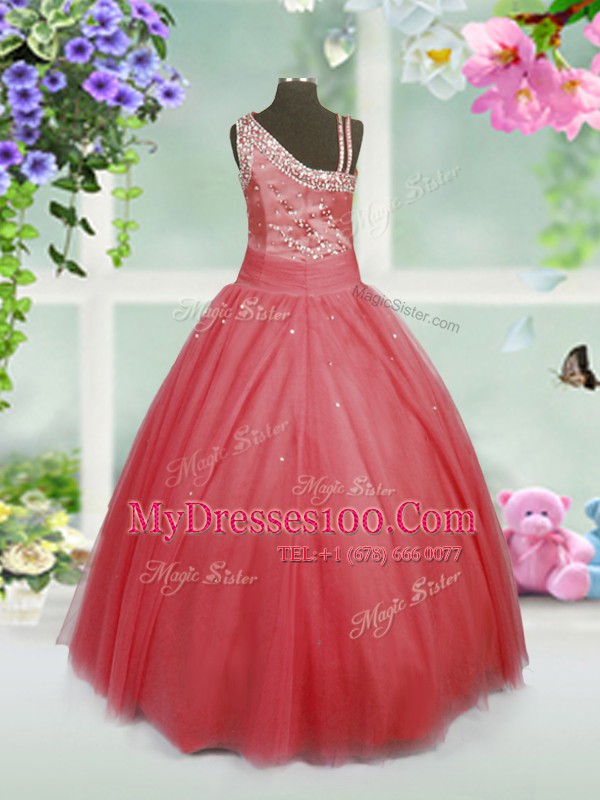 Tulle Asymmetric Sleeveless Side Zipper Beading Flower Girl Dresses for Less in Watermelon Red
