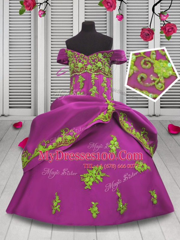 Off The Shoulder Sleeveless Satin Girls Pageant Dresses Beading and Appliques Lace Up