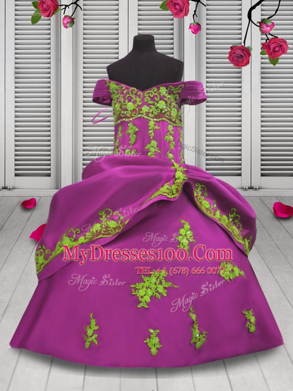Off The Shoulder Sleeveless Satin Girls Pageant Dresses Beading and Appliques Lace Up