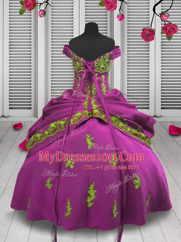 Off The Shoulder Sleeveless Satin Girls Pageant Dresses Beading and Appliques Lace Up