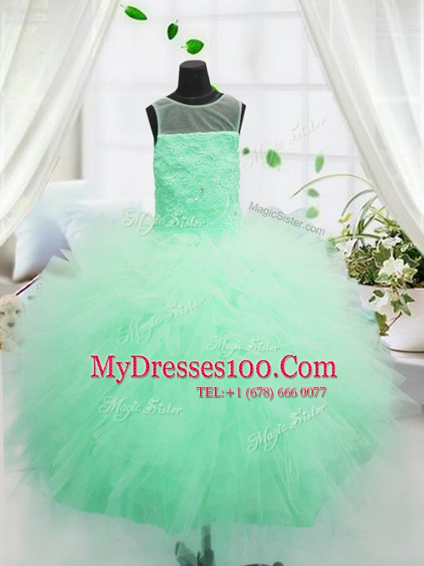 On Sale Apple Green Zipper Scoop Beading and Appliques Little Girls Pageant Dress Wholesale Tulle Sleeveless