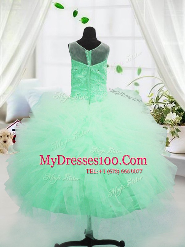 On Sale Apple Green Zipper Scoop Beading and Appliques Little Girls Pageant Dress Wholesale Tulle Sleeveless