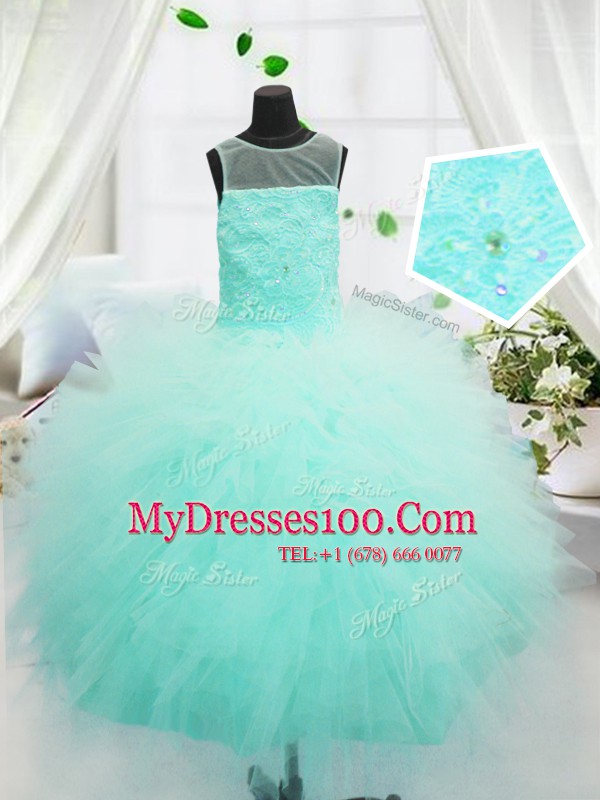 Sumptuous Aqua Blue Scoop Zipper Beading and Appliques Kids Pageant Dress Sleeveless