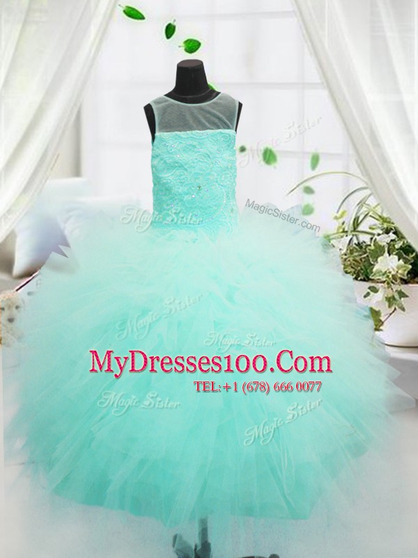 Sumptuous Aqua Blue Scoop Zipper Beading and Appliques Kids Pageant Dress Sleeveless