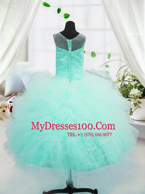 Sumptuous Aqua Blue Scoop Zipper Beading and Appliques Kids Pageant Dress Sleeveless