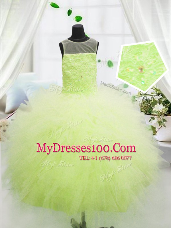 High End Scoop Sleeveless Zipper Flower Girl Dresses Yellow Green Tulle