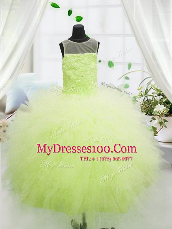 High End Scoop Sleeveless Zipper Flower Girl Dresses Yellow Green Tulle