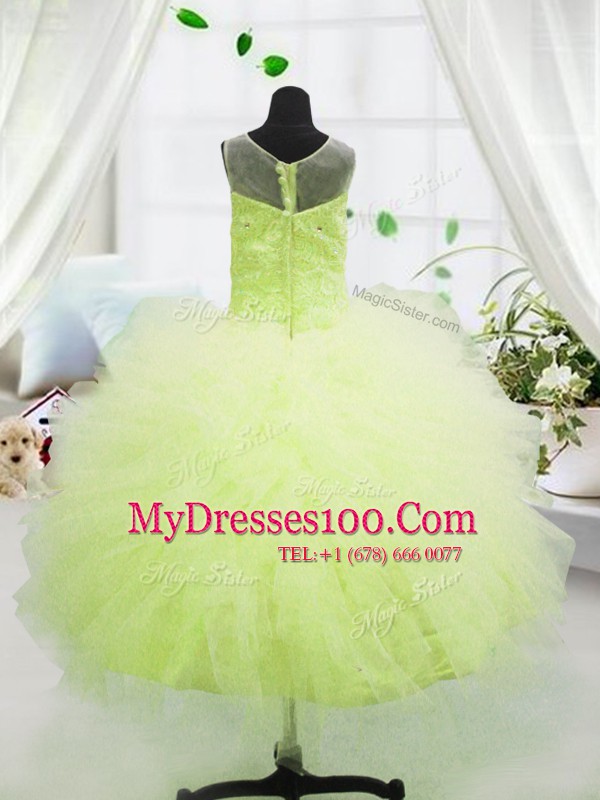 High End Scoop Sleeveless Zipper Flower Girl Dresses Yellow Green Tulle