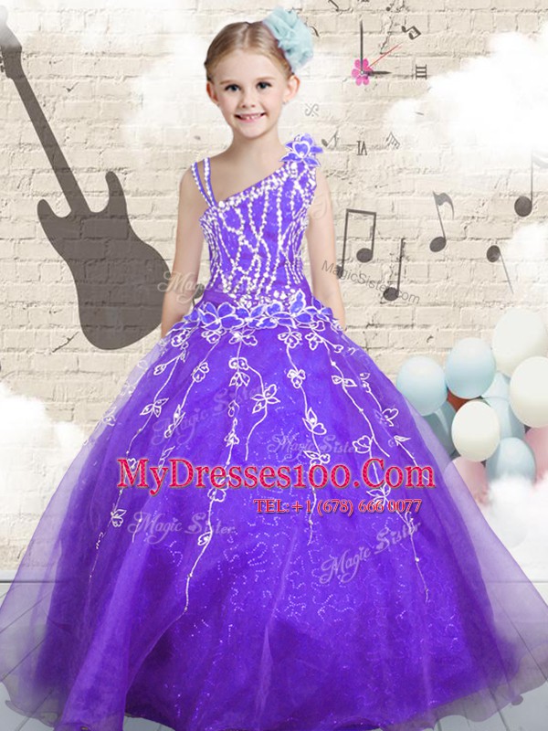 High Class Asymmetric Sleeveless Organza Flower Girl Dresses Beading and Appliques and Hand Made Flower Lace Up