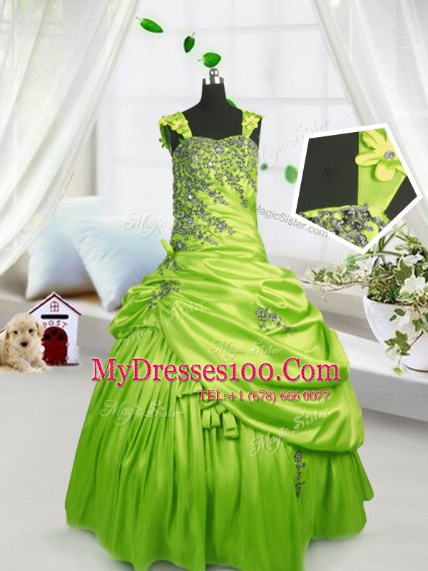Stunning Yellow Green Ball Gowns Straps Sleeveless Satin Floor Length Lace Up Beading and Pick Ups Flower Girl Dresses for Less