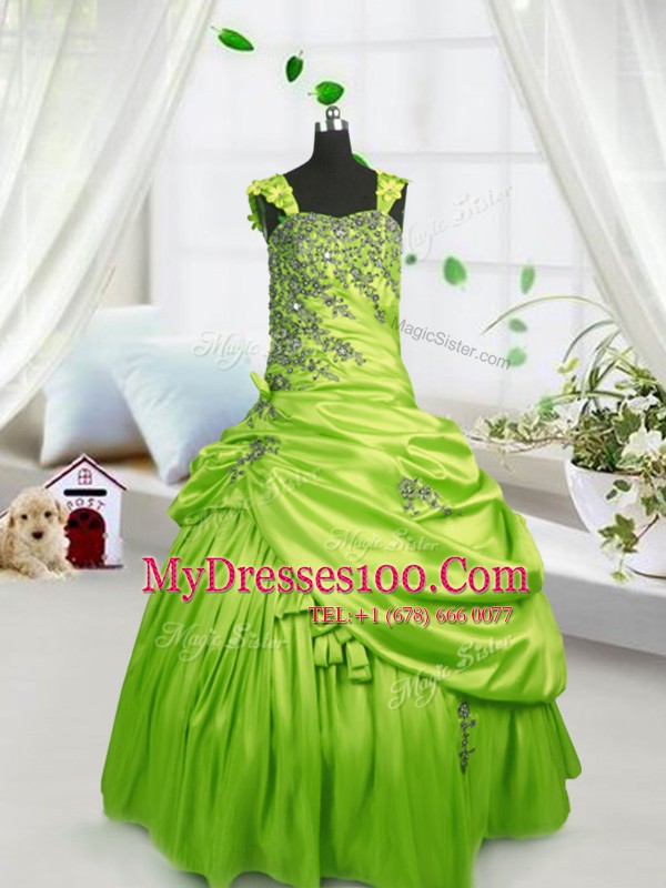 Stunning Yellow Green Ball Gowns Straps Sleeveless Satin Floor Length Lace Up Beading and Pick Ups Flower Girl Dresses for Less