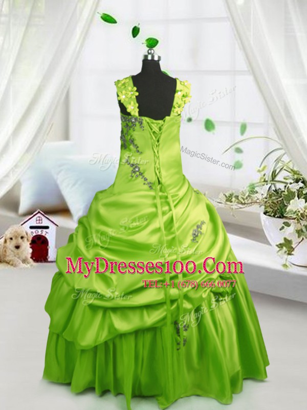 Stunning Yellow Green Ball Gowns Straps Sleeveless Satin Floor Length Lace Up Beading and Pick Ups Flower Girl Dresses for Less