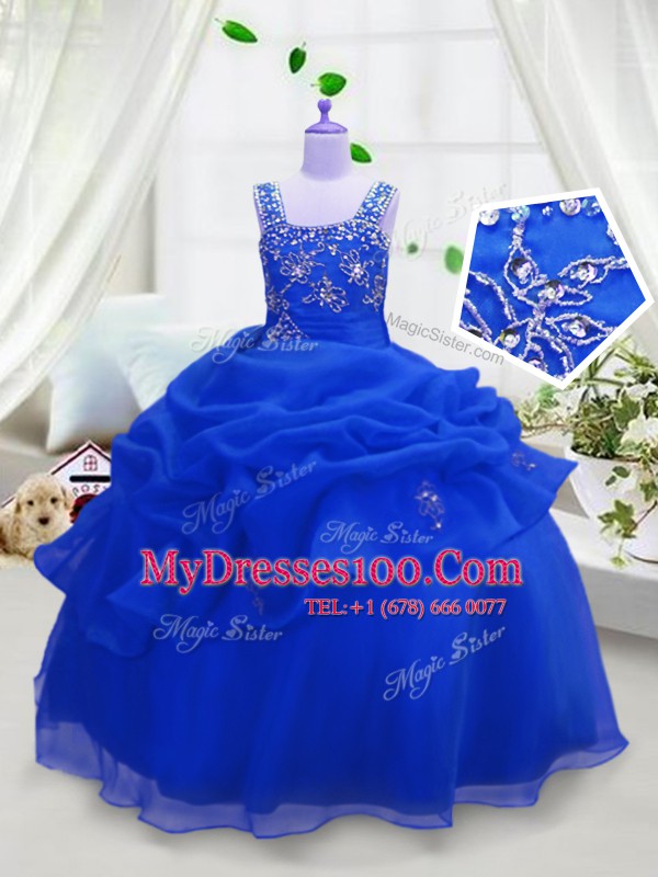 Graceful Sleeveless Organza Floor Length Zipper Toddler Flower Girl Dress in Royal Blue with Beading and Pick Ups