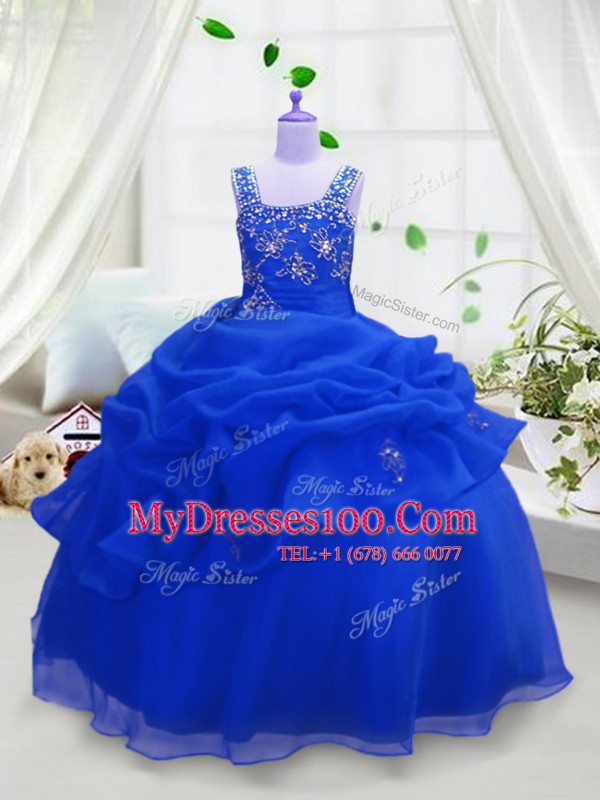 Graceful Sleeveless Organza Floor Length Zipper Toddler Flower Girl Dress in Royal Blue with Beading and Pick Ups