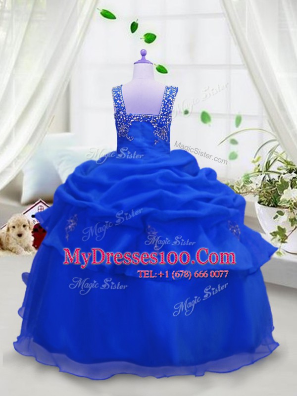Graceful Sleeveless Organza Floor Length Zipper Toddler Flower Girl Dress in Royal Blue with Beading and Pick Ups