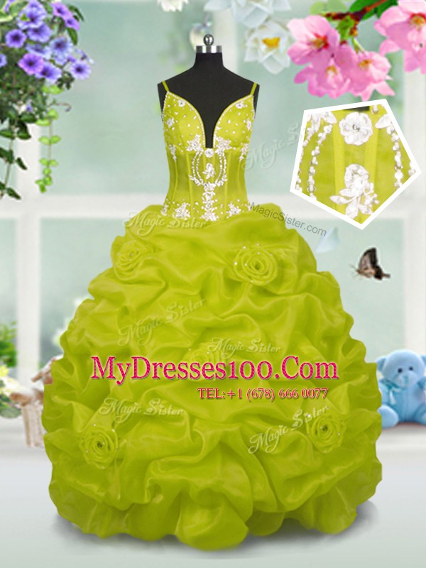 Cheap Sleeveless Taffeta Floor Length Lace Up Girls Pageant Dresses in Yellow Green with Beading and Pick Ups