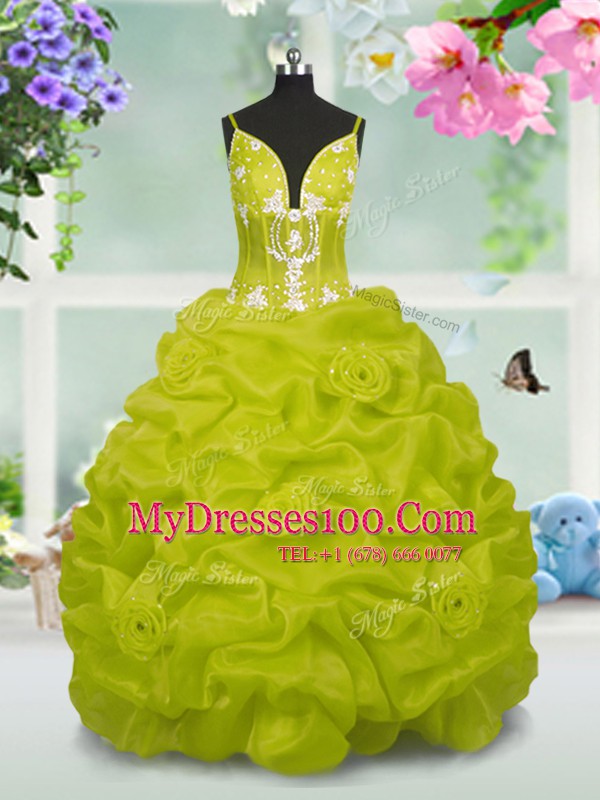 Cheap Sleeveless Taffeta Floor Length Lace Up Girls Pageant Dresses in Yellow Green with Beading and Pick Ups