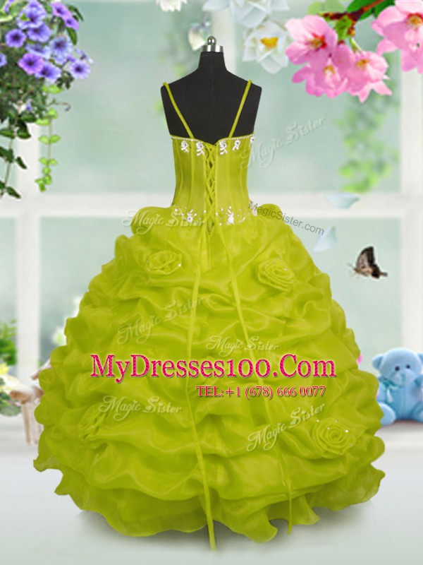 Cheap Sleeveless Taffeta Floor Length Lace Up Girls Pageant Dresses in Yellow Green with Beading and Pick Ups