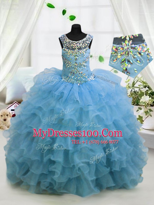 Luxury Baby Blue Lace Up Scoop Beading and Ruffled Layers Flower Girl Dresses for Less Organza Sleeveless