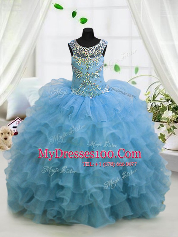 Luxury Baby Blue Lace Up Scoop Beading and Ruffled Layers Flower Girl Dresses for Less Organza Sleeveless
